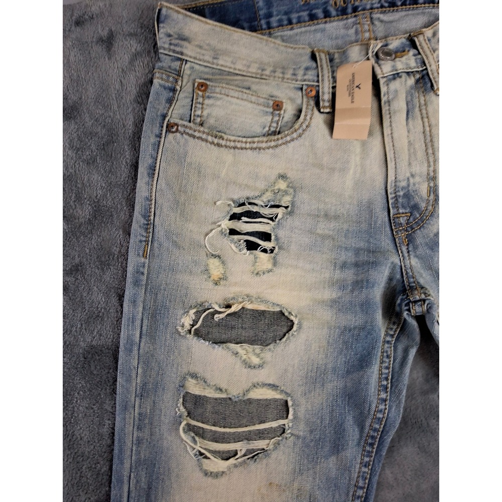 American Eagle Slim Straight Destroyed Light Wash Patched Jeans 29x32 3446-953 - Picture 4 of 16